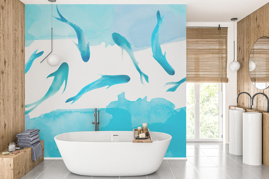 Wall murals A group of blue fish swimming in water - Image 3