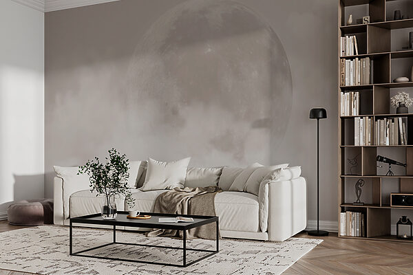 A bedroom with a large moon mural on the wall