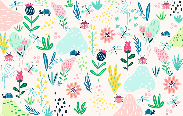 A pattern of flowers and insects A pattern of flowers and insects