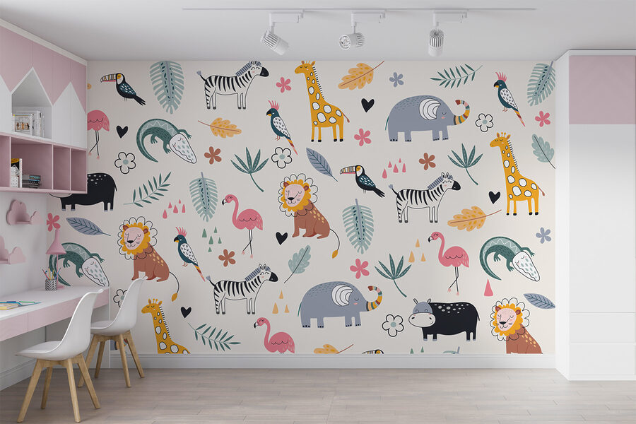 Wall murals A pattern of animals and leaves