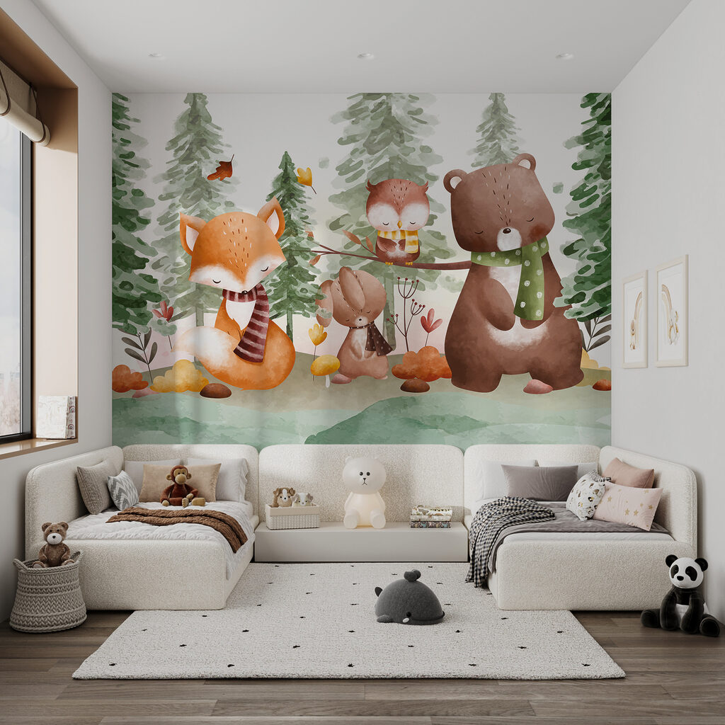 A group of animals in a forest A group of animals in a forest