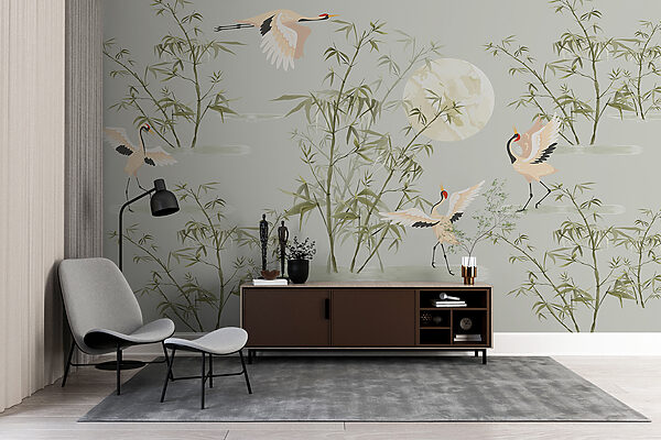 A wallpaper with birds and bamboo A wallpaper with birds and bamboo