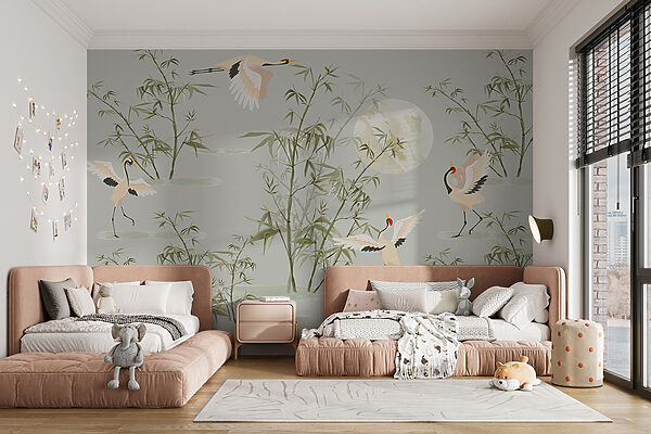 A wallpaper with birds and bamboo A wallpaper with birds and bamboo