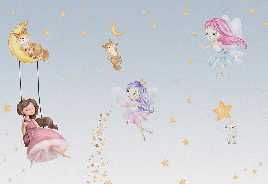 A wall mural of fairies and animals A wall mural of fairies and animals