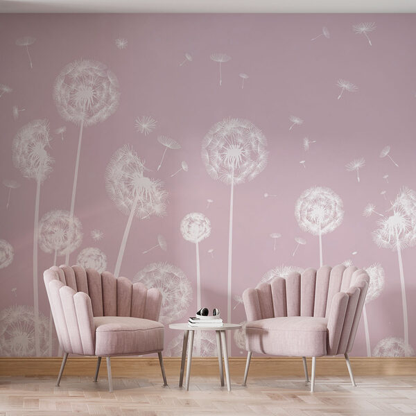 A white desk with a lamp and a stool in front of a wall with dandelions