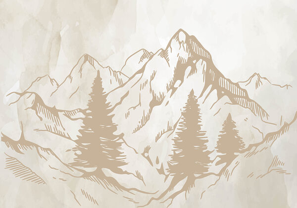 A drawing of mountains and trees