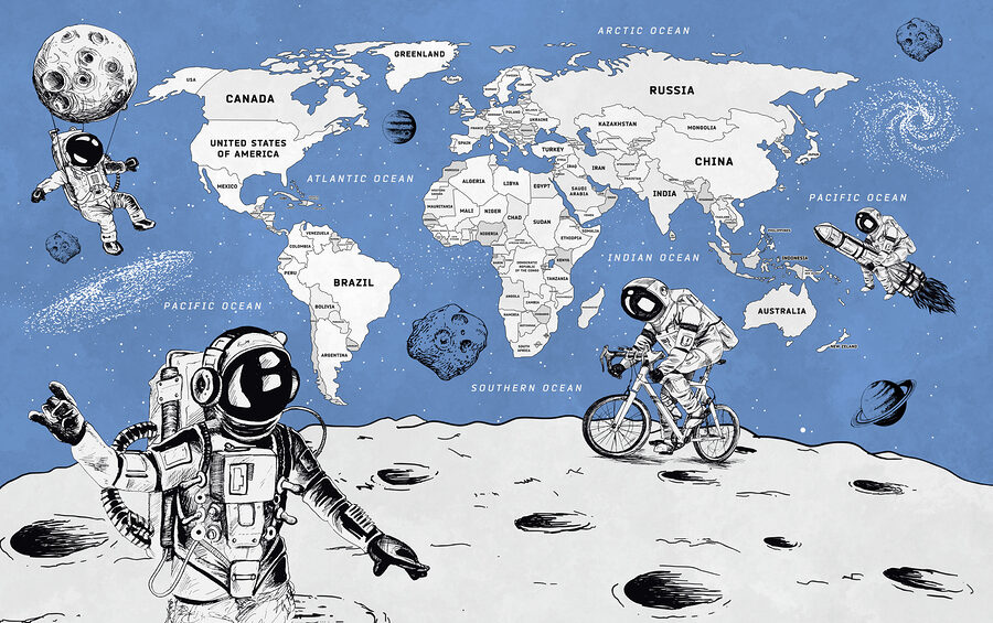 A drawing of two astronauts on the moon