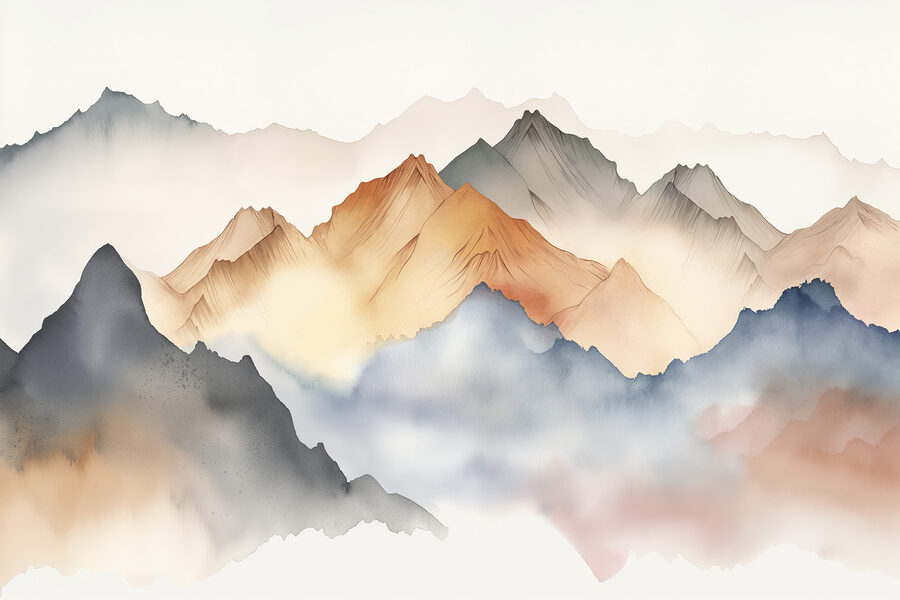 A painting of mountains in the fog