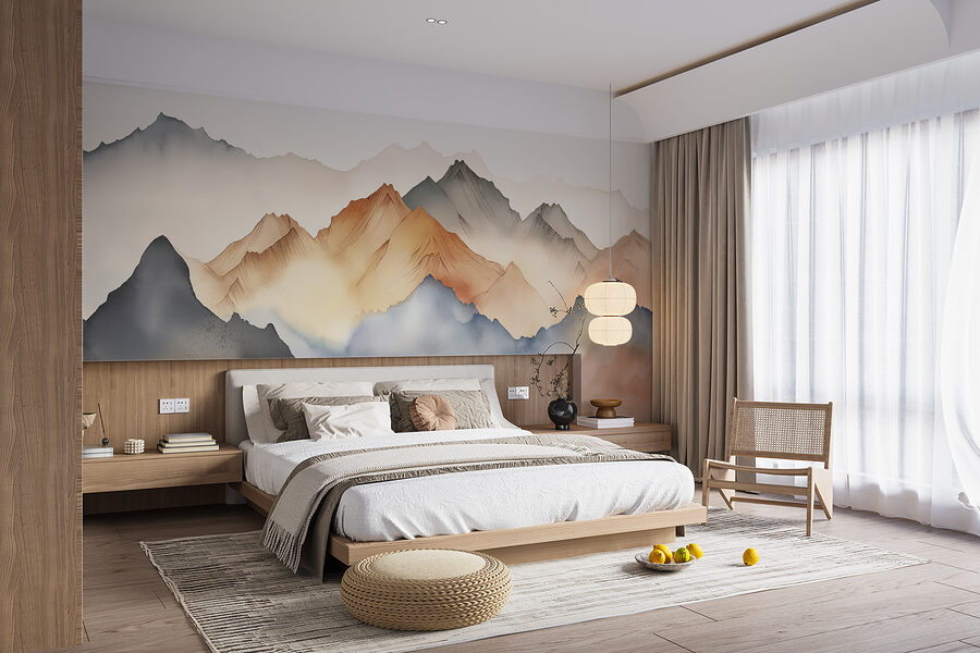 A painting of mountains in the fog