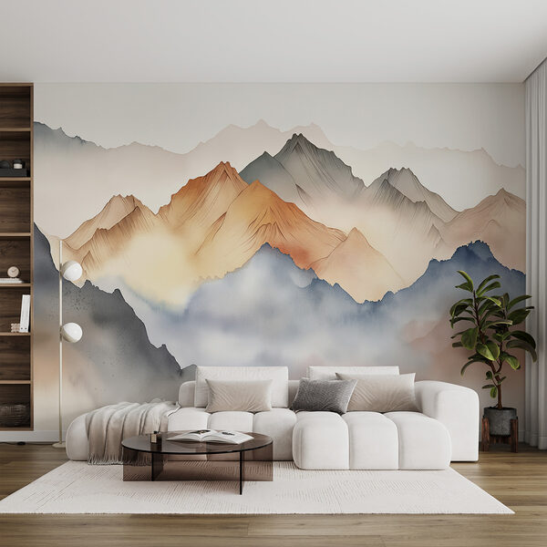 A painting of mountains in the fog A painting of mountains in the fog