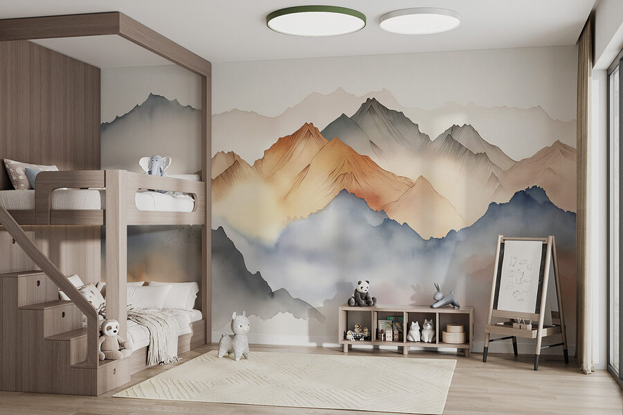 A painting of mountains in the fog