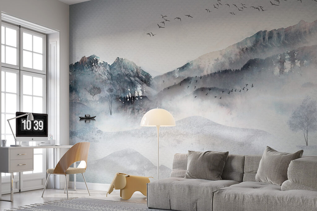 A painting of a mountain range with birds flying over it