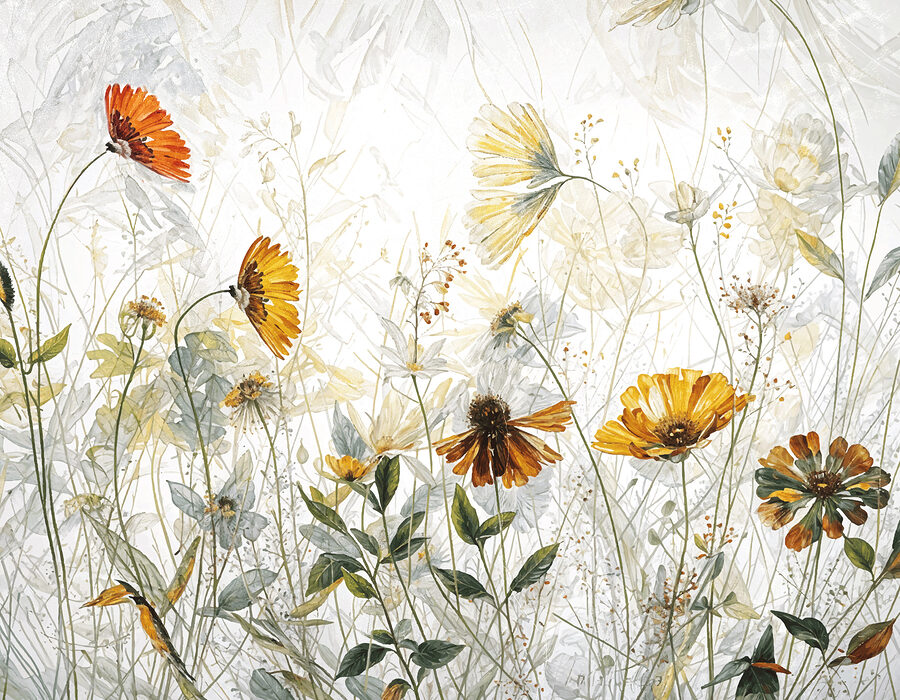 A painting of flowers and leaves