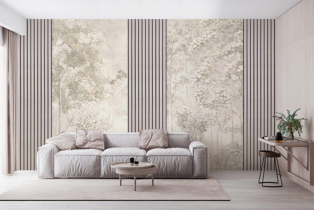 A wallpaper with trees and flowers