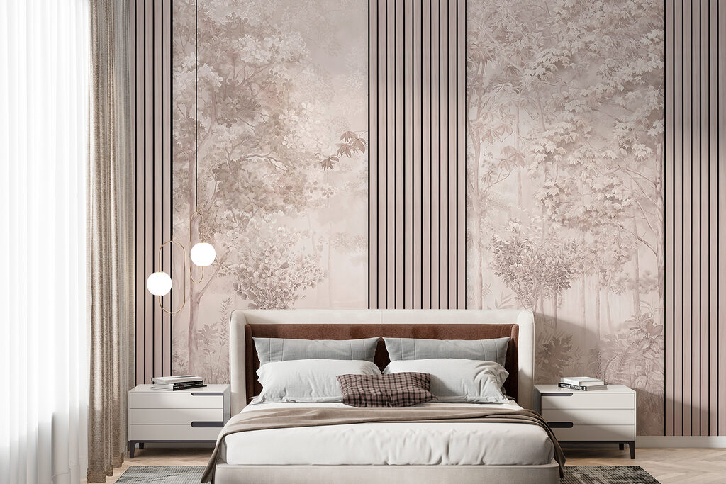 A wallpaper with trees and flowers