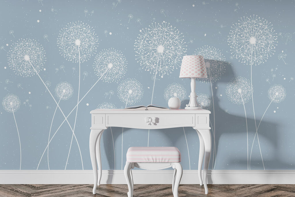 A white dandelions on a blue background