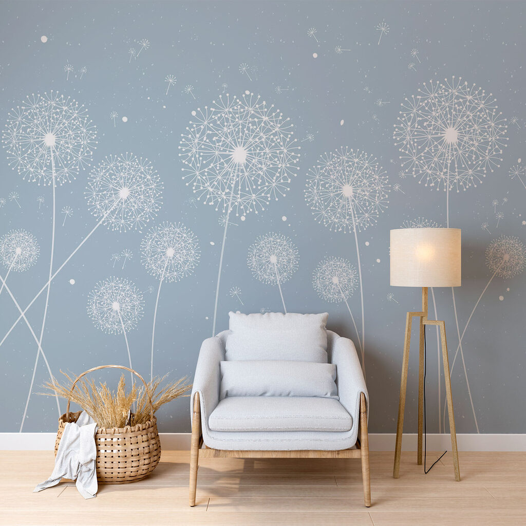 A white dandelions on a blue background