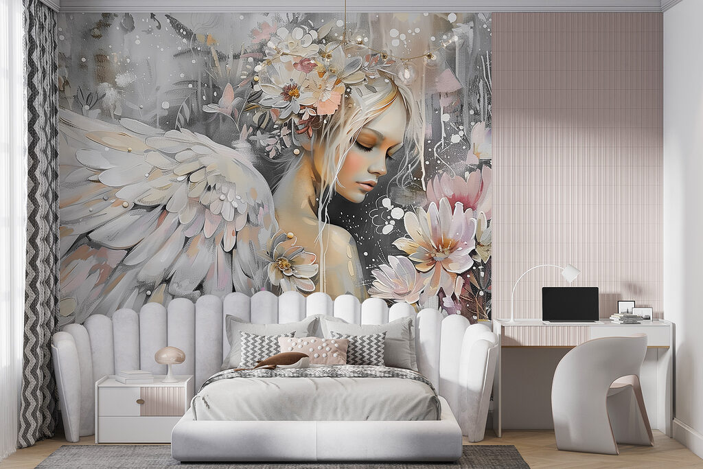 A painting of a woman with wings and flowers