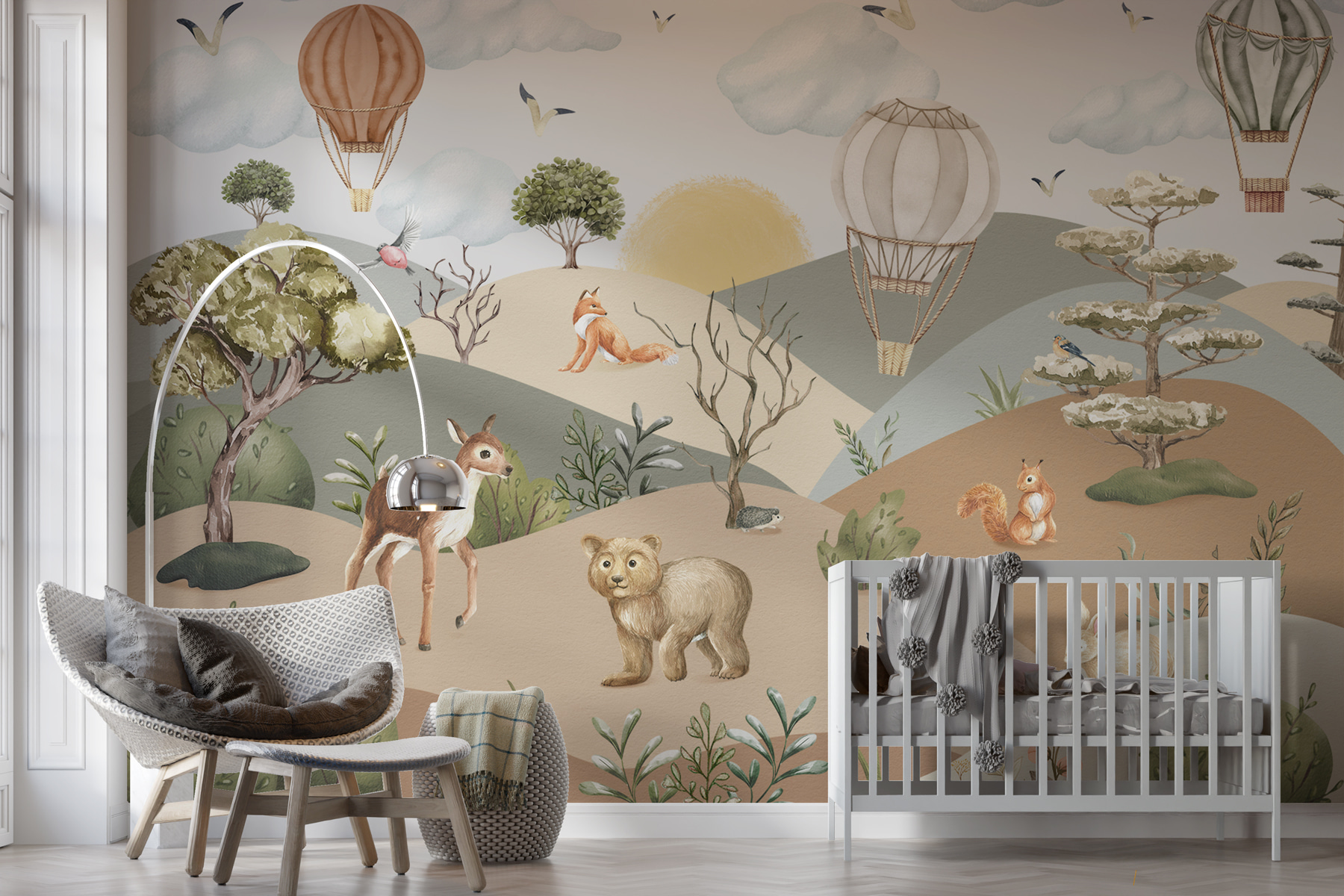 A landscape with animals and hot air balloons