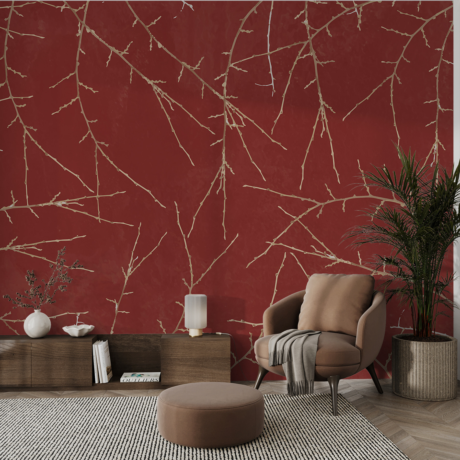 A red background with branches