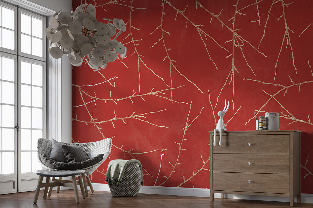 A red background with branches