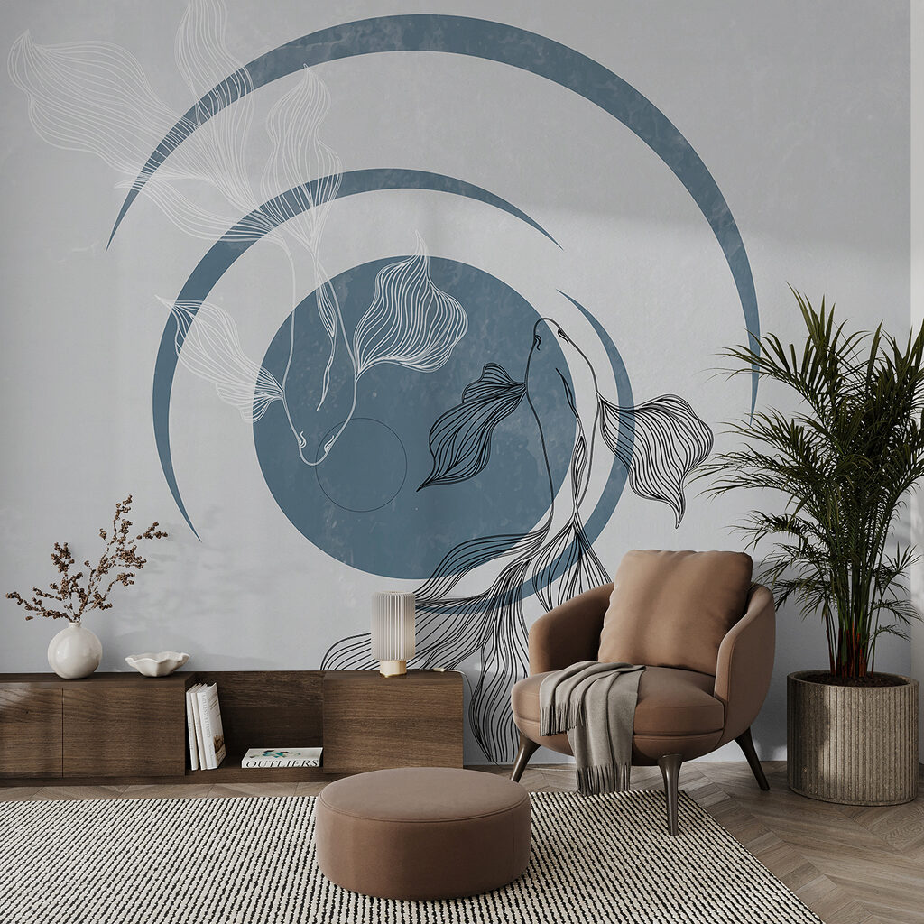 A drawing of a fish and a swirly circle