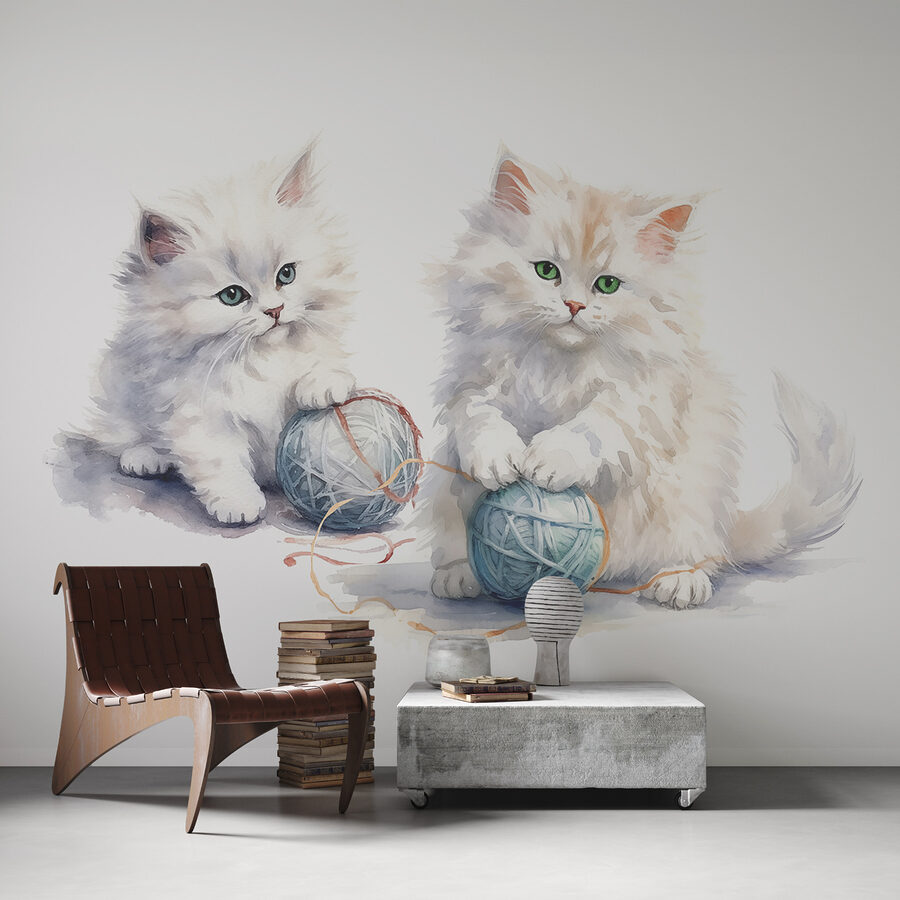 A watercolor of two kittens playing with yarn A watercolor of two kittens playing with yarn