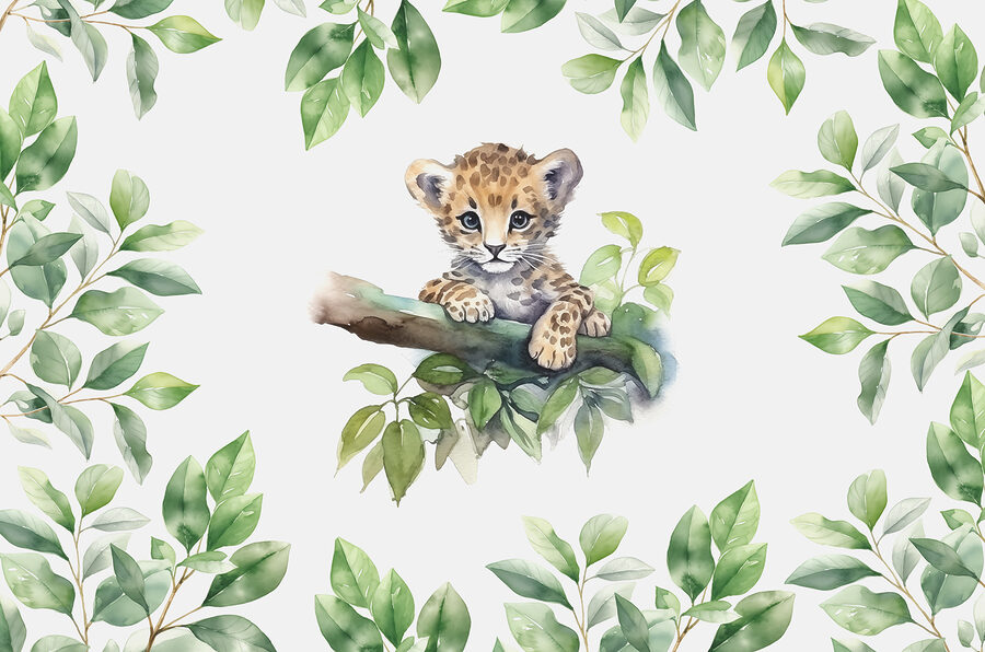 A watercolor of a baby leopard on a tree branch