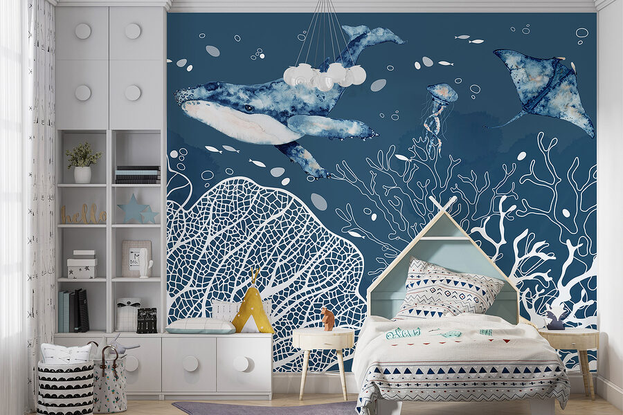 Wall murals A whale and stingrays swimming in the ocean