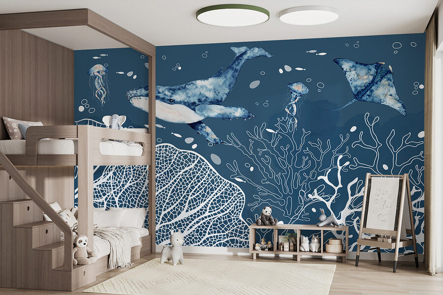 Wall murals A whale and stingrays swimming in the ocean - Image 2