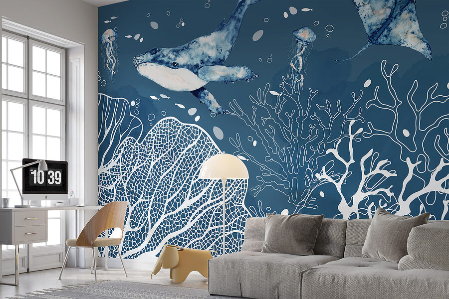 Wall murals A whale and stingrays swimming in the ocean - Image 3