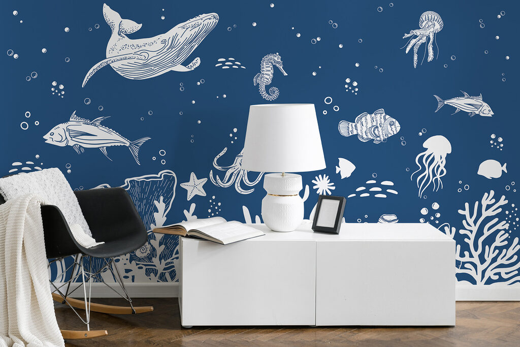 A white outline of sea animals