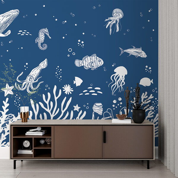 A white outline of sea animals A white outline of sea animals