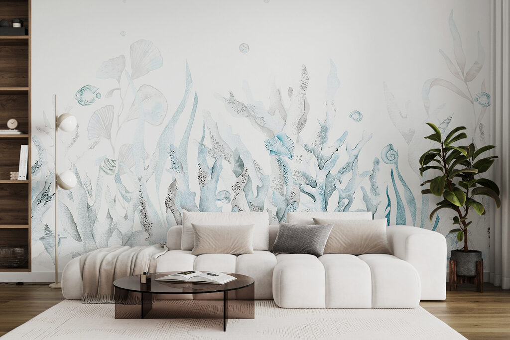 A watercolor of seaweed and shells A watercolor of seaweed and shells