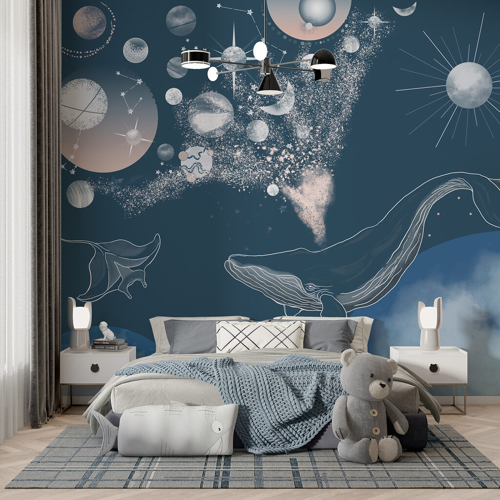 A whale and planets in the sky