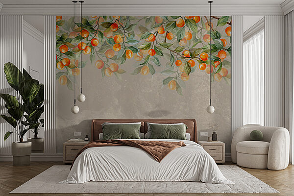 A painting of oranges on a tree A painting of oranges on a tree