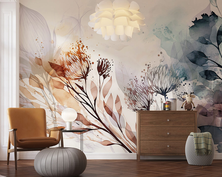 A watercolor painting of flowers and leaves