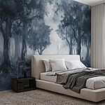 Wall murals A foggy forest with trees and bushes