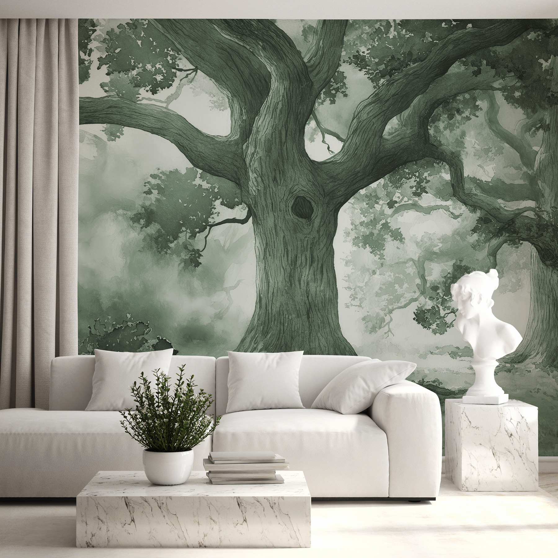 A group of trees in a foggy forest