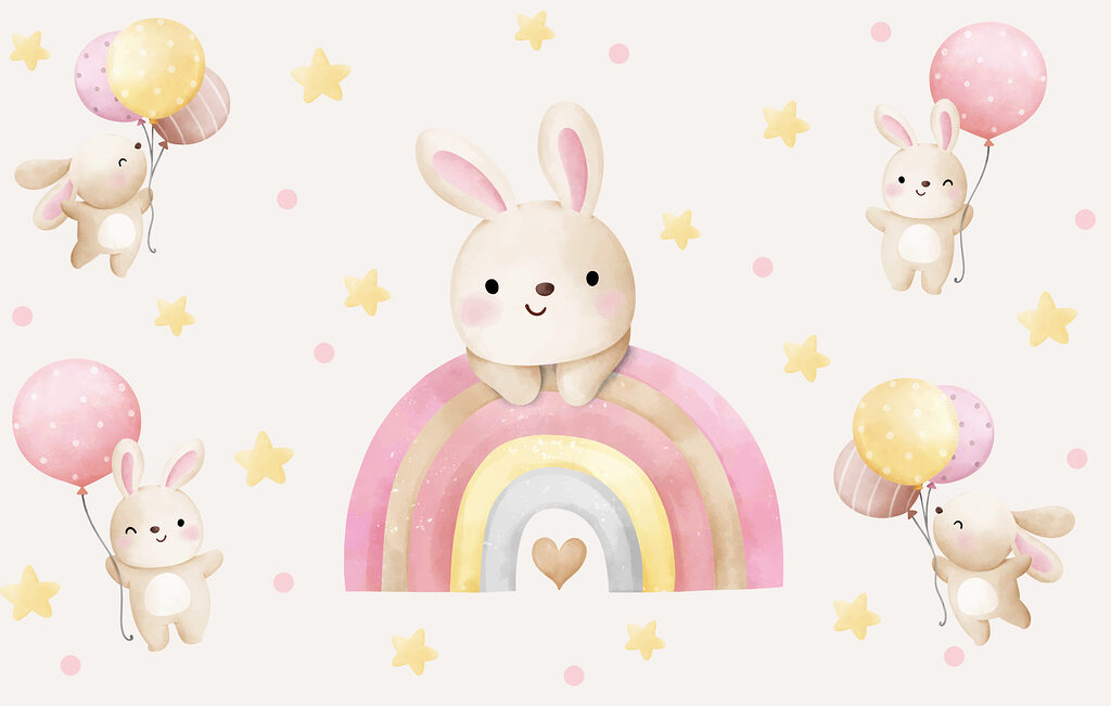 A cartoon bunny on a rainbow A cartoon bunny on a rainbow