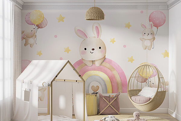 A cartoon bunny on a rainbow A cartoon bunny on a rainbow