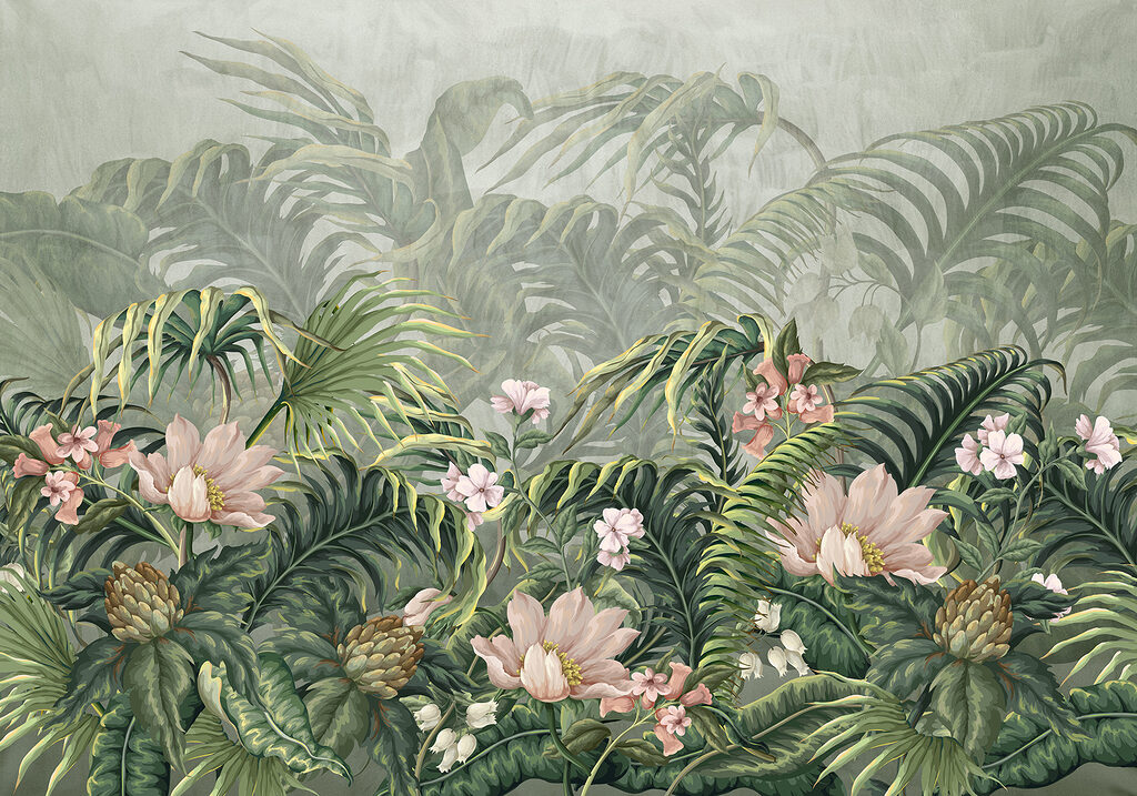 A wallpaper with flowers and leaves A wallpaper with flowers and leaves