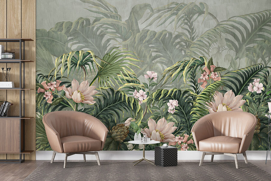 A wallpaper with flowers and leaves A wallpaper with flowers and leaves
