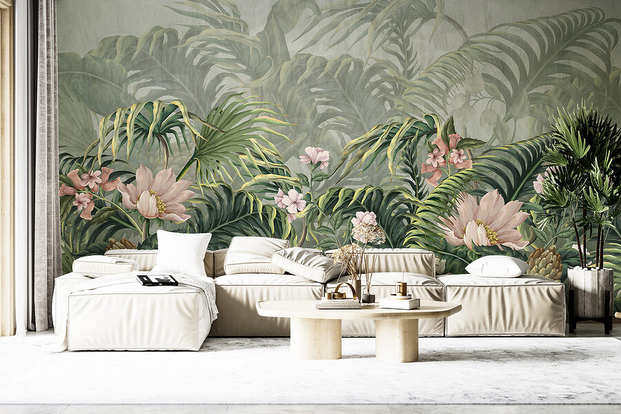 A wallpaper with flowers and leaves A wallpaper with flowers and leaves
