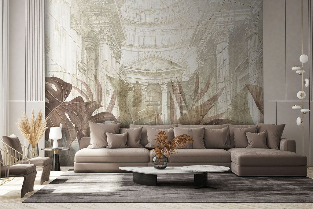 A painting of leaves and a building