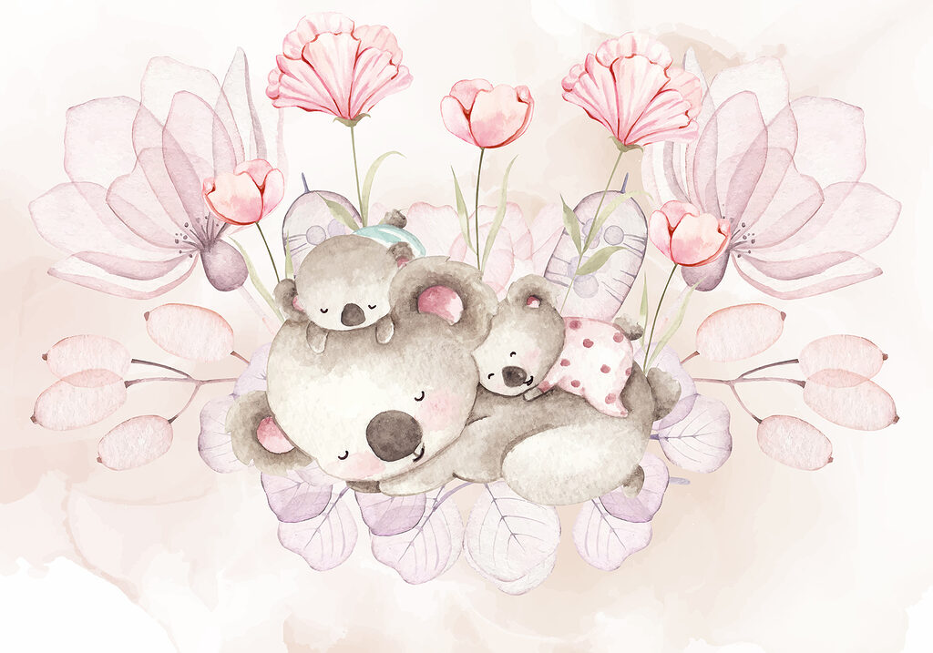 A watercolor illustration of a couple of koalas and flowers A watercolor illustration of a couple of koalas and flowers
