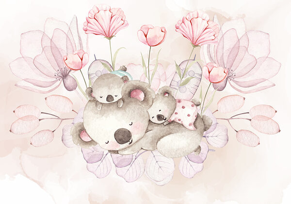 A watercolor illustration of a couple of koalas and flowers A watercolor illustration of a couple of koalas and flowers