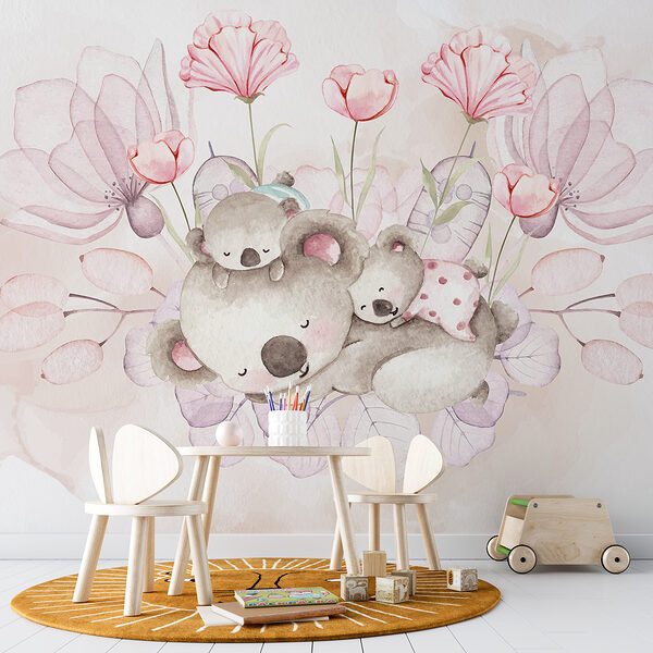 A watercolor illustration of a couple of koalas and flowers A watercolor illustration of a couple of koalas and flowers