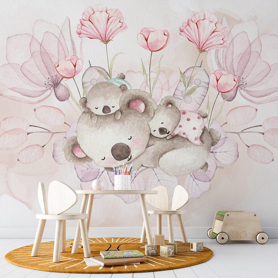 A watercolor illustration of a couple of koalas and flowers A watercolor illustration of a couple of koalas and flowers