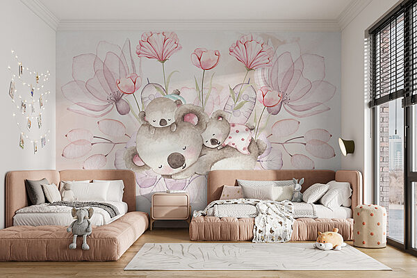 A watercolor illustration of a couple of koalas and flowers A watercolor illustration of a couple of koalas and flowers